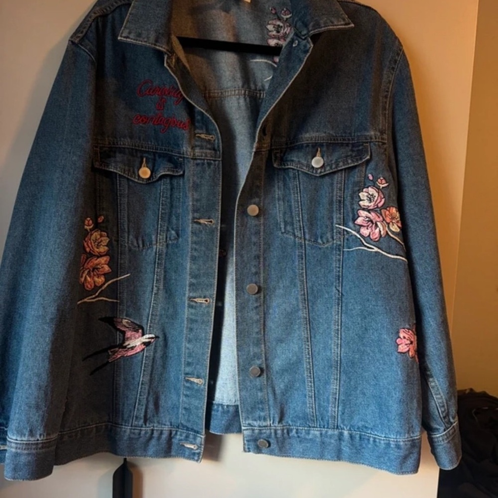 Source Unknown Denim Jacket with Pink Floral Design